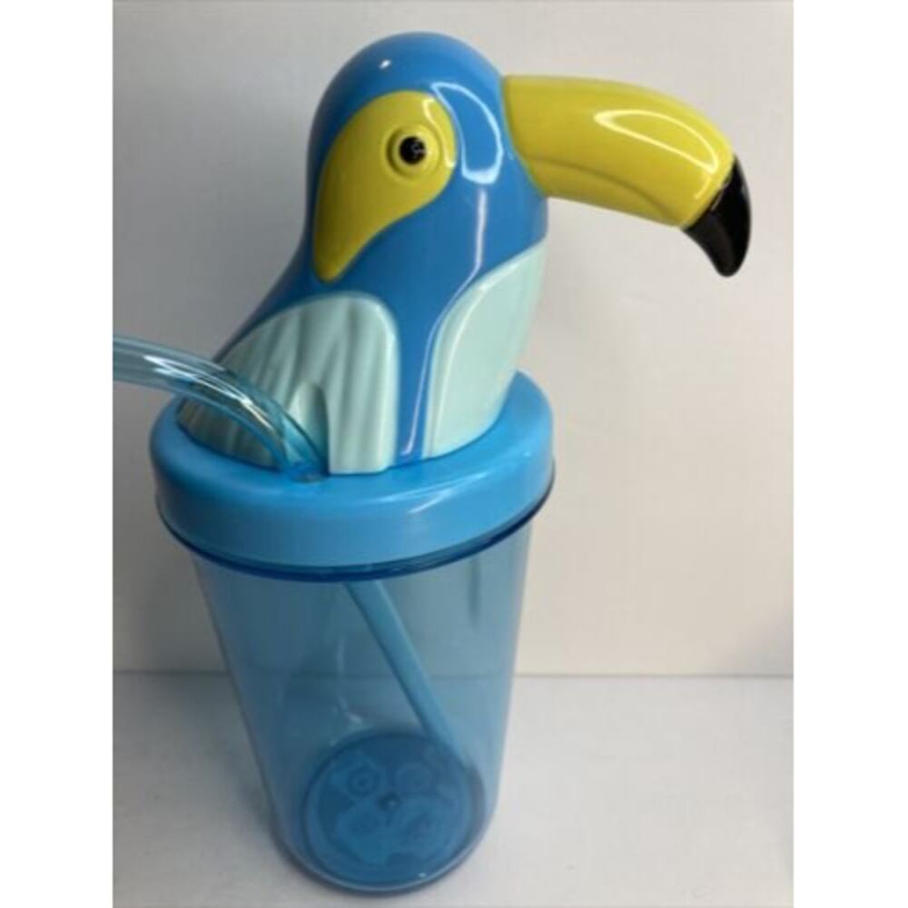 Set of Four Animal Shaped Plastic Tumbler Drinking Cup Blue Parrot Lid and Straw